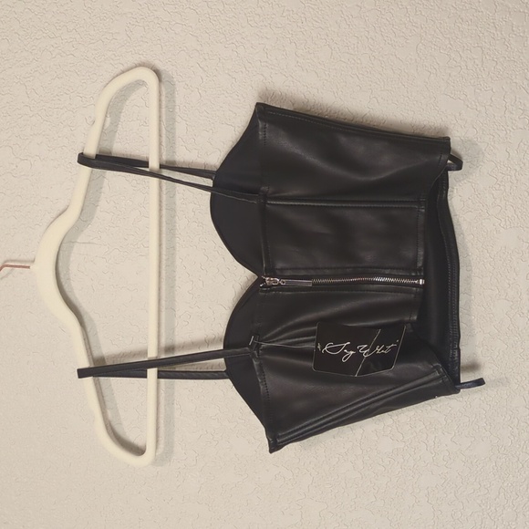 Say what? black faux leather sweetheart neckline rhinestone studded crop top - Picture 4 of 7